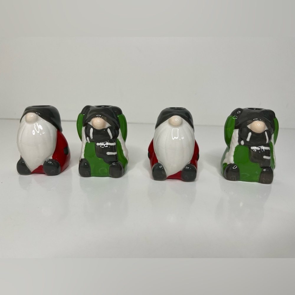 H For Happy Set of 4 Winter Holiday Gnome Ceramic Taper Candle Holders